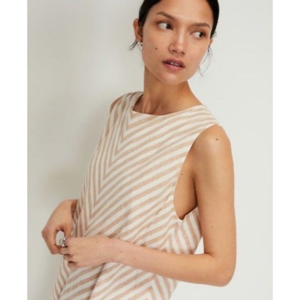 Everlane The Linen Bias Cut Dress Striped Ivory Beige Midi Size 12 - Picture 11 of 12